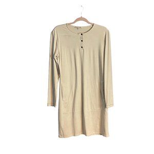 Luna Luz Long Sleeve Cream Button Crewneck with Pockets Mini Dress Size Medium